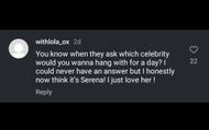 You know when they ask which celebrity would you wanna hang with for a day? I could never have an answer but I honestly now think it's Serena! I just love her! Fan reaction (Image via @serenawilliams / Instagram)